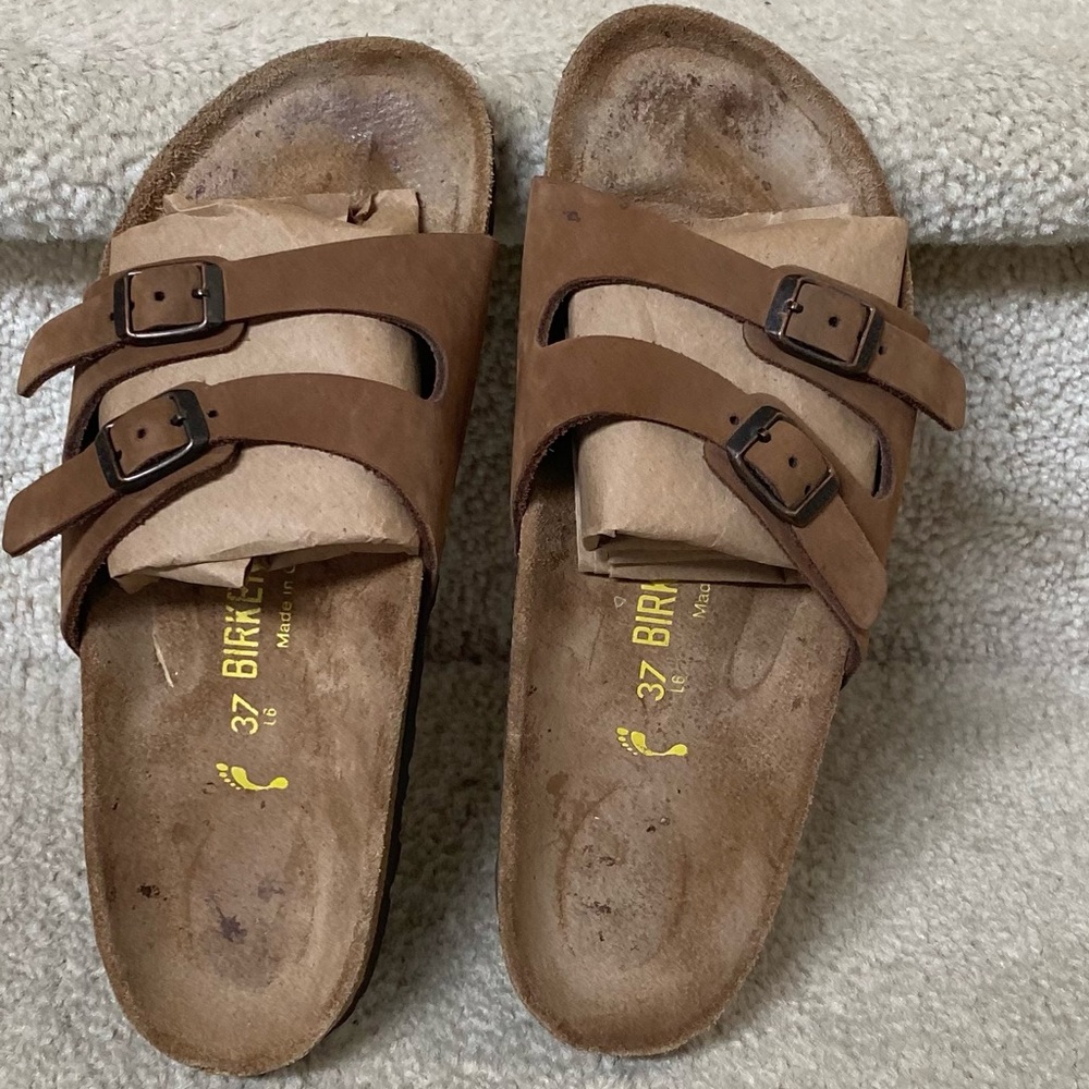 BIRKENSTOCK SANDALS/WOMENS/USED/DOUBLE STRAP SUEDE-LEATHER BUCKLE/BROWN/SIZE 37